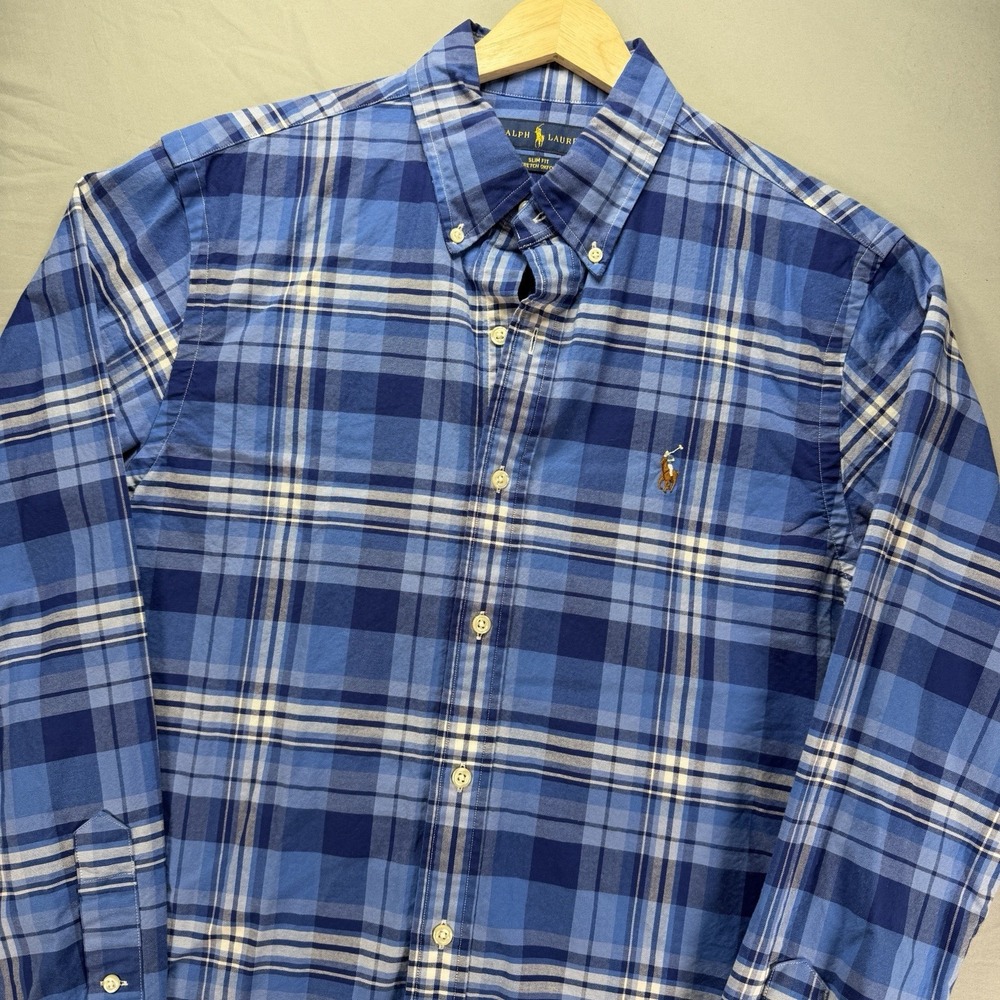 Ralph Lauren Slim Fit Stretch Oxford Shirt Mens Medium Blue Plaid Flesh Pony